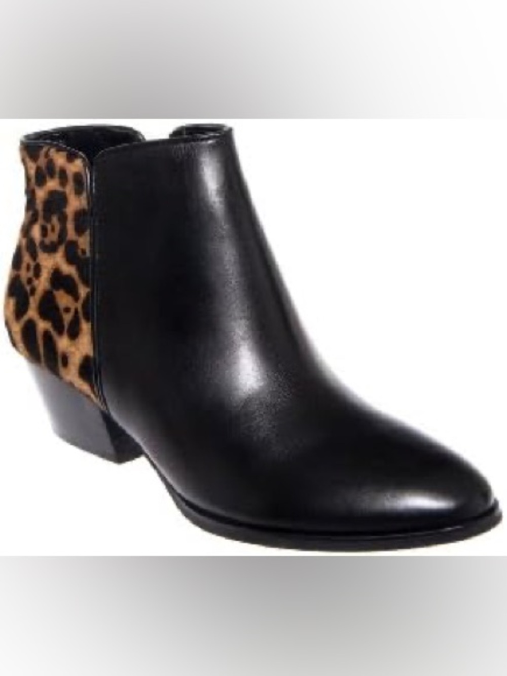 Franco Sarto Black Leather Ankle Boot with Leopard Print Fur Heel